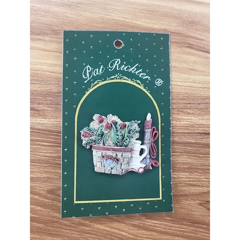 Pat Richter Basket Lapel Pin Brooch Pewter Heart Flowers Rose Red Candle Resin‎